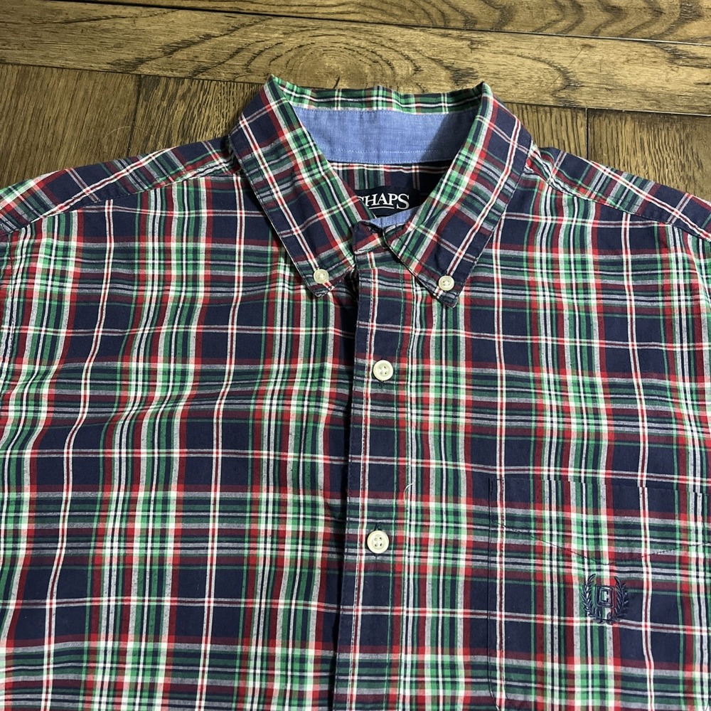 Chaps Easy Care Shirt Mens Size Large Red Blue Green Button Down Plaid Preppy